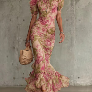 Fiora - Abito lungo con stampa vintage a rose e maniche a sbuffo.